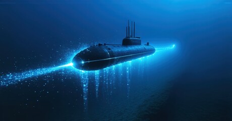 Submarine travels underwater, emitting bright blue light trail. Dark ocean depths surround vessel. Dramatic lighting creates intense scene.