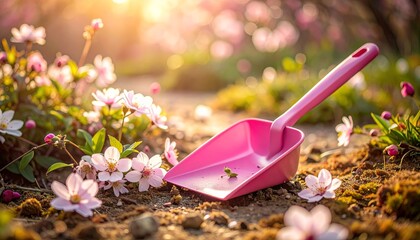 A set of plastic shovels and trowels is placed in the summer garden