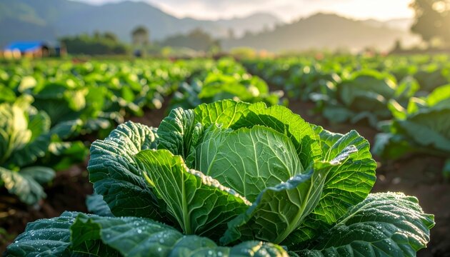 Fresh cabbage grows in lush green fields