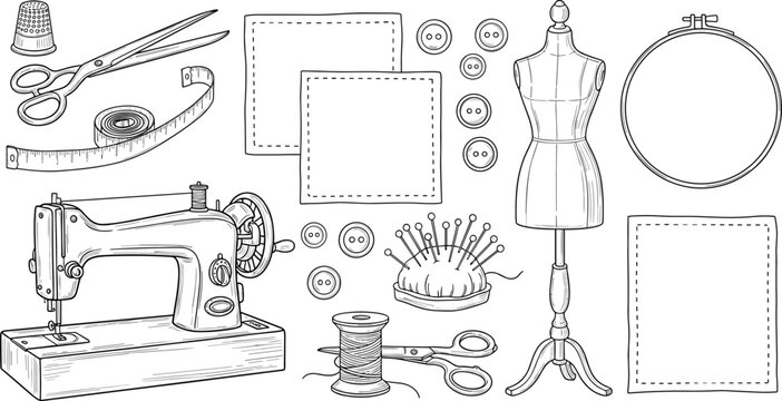 Vintage sewing tools and tailoring equipment illustration set, hand drawn sewing machine, mannequin, scissors and buttons for fashion design and craft workshopVintage sewing tools and tailoring equip