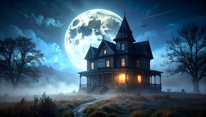 An illustration depicting a spooky Halloween night atmosphere: a haunted house in a dark forest with bats and the moon