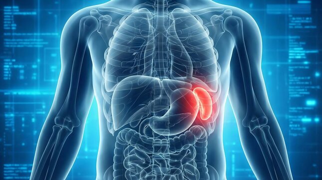 3D anatomical depiction highlighting male spleen, x-ray style, on blue background