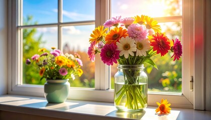 A beautiful bouquet of spring flowers in a glass vase