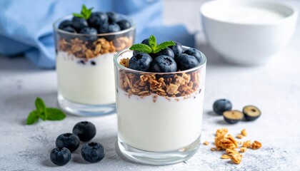 Fresh blueberry yogurt dessert served in an elegant white cup with delicious cream