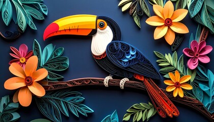 The striking toucan, with its bright yellow beak and black plumage, perches on a tropical branch