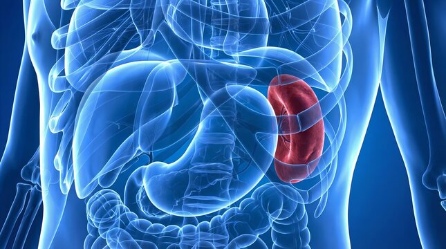 3D anatomical depiction highlighting male spleen, x-ray style, on blue background