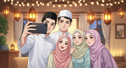 Fototapeta premium Happy Muslim Group Selfie Celebrating Eid