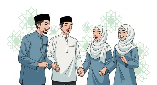 Happy Muslim Couples Holding Hands Illustration