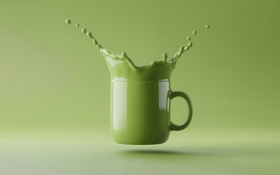 Dynamic green pitcher pouring vibrant liquid splash against vivid backdrop, centered view capturing energetic motion