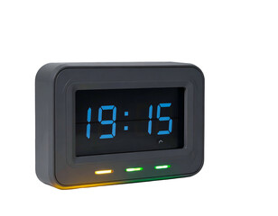 Digital clock with blue numbers and colored indicator lights