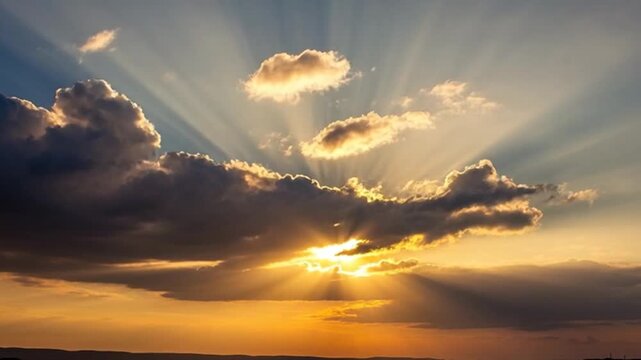 Dramatic sunset with sun rays piercing through clouds