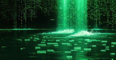 Obraz premium Digital rain cascades down, resembling waterfall. Green code streams over dark surface, creating futuristic effect. Water splashes visible.