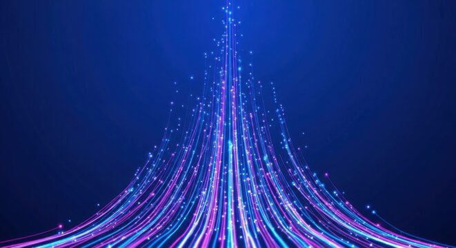 Vibrant streaks of light in blue and pink ascend upwards against a dark blue background, symbolizing growth, speed, and data transmission.
