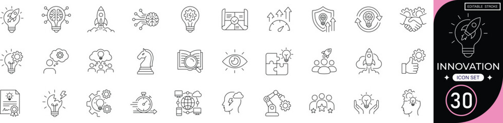 innovation icon set idea, creativity, technology, breakthrough, startup, vision, future, development, lightbulb, progress editable line icons, vector illustration. © icons Studio