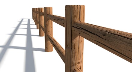 Fototapeta premium Wooden fence posts and rails casting long shadows on white background, rustic outdoor structure for country yard or ranch