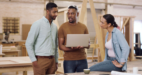 Carpenter, laptop and people in meeting, conversation and planning for inventory management....