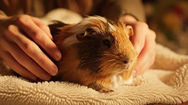 A contented guinea pig receiving a gentle massage from caring hands, looking relaxed and happy.