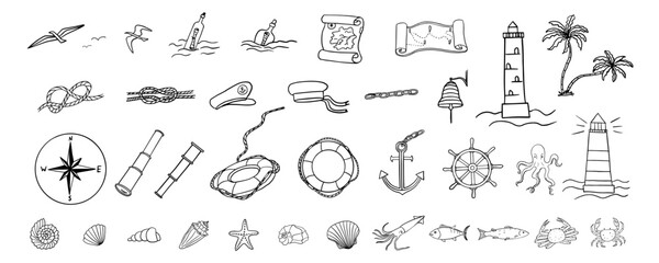 Large set of nautical theme in doodle style. Anchor, lighthouse, compass, lifebuoy, crab, octopus, shell, starfish, palm tree, ship's wheel. Telescope, sailor hat, bell, knot, message in a bottle, sea © Natalia