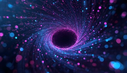 Obraz premium A vibrant digital illustration of a swirling purple and blue wormhole surrounded by colorful particles and lights in space.