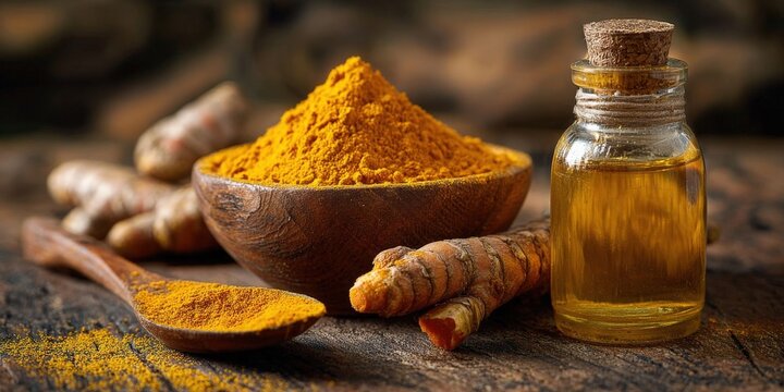 Turmeric Powder, Root, and Essential Oil on Wooden Table for Beauty and Spa