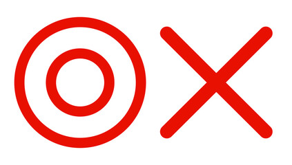 Obraz premium 赤い二重丸とバツ印のセット・正解と不正解の判定アイコン素材