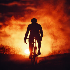 Fototapeta premium Cyclist riding at sunset rural landscape sports photography dramatic environment dynamic viewpoint