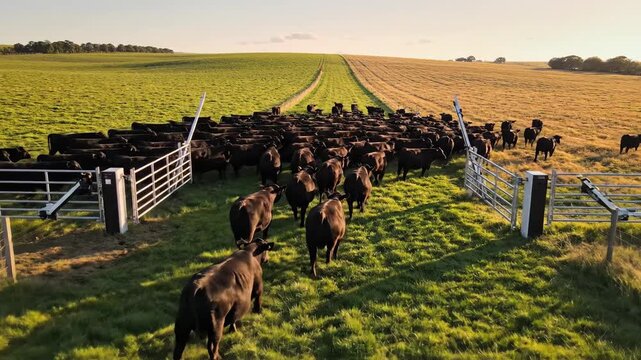 Large herd of black cattle walking through open farm gates into lush green pastures at sunset
