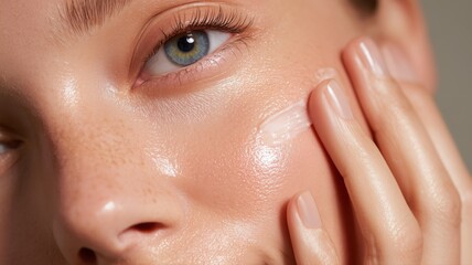 肌にクリームを塗る女性のアップ写真。スキンケアや美容関連の素材