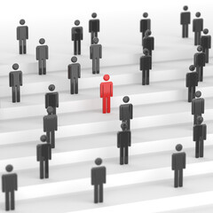 Leadership concept, red leader man, standing out from the crowd. 3D Rendering