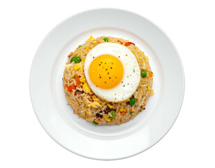 A plate of fried rice topped with a sunny-side-up egg and black pepper