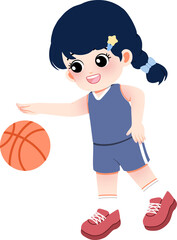 Young girl in blue sports uniform playing basketball with a big smile 
