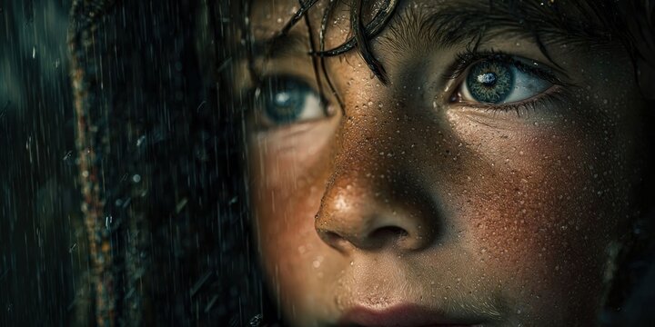 Young Boy Beneath Falling Gemstones in a Magical Scene