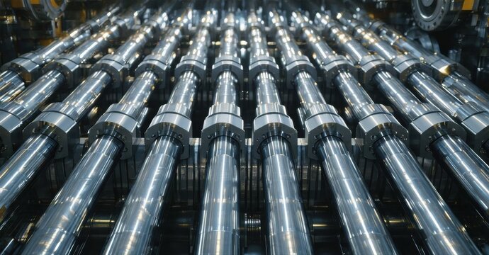 Metallic cylinders aligned, industrial setting. Shiny surfaces reflect light, creating strong visual pattern. Dark background emphasizes depth.