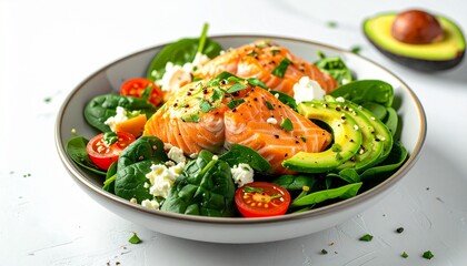 Healthy Salmon and Avocado Salad Bowl Fresh Food Plate with Tomatoes and Greens Diet and Balanced Meal.