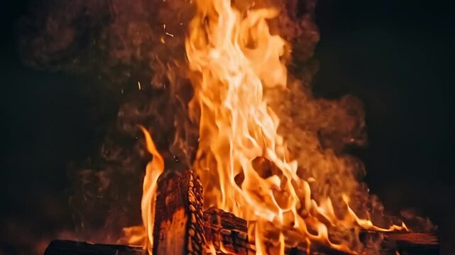 Vibrant orange flames engulf wooden logs in dark background