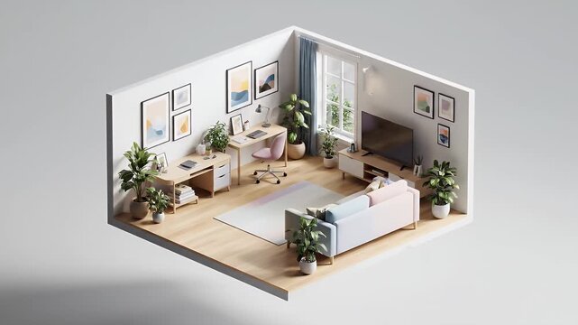 Cozy Isometric Living Room and Workspace with Natural Light.