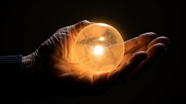 Hand cradling glowing crystal ball with swirling light