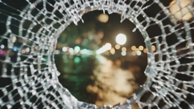 Broken glass cracked window surface with bokeh city lights at night