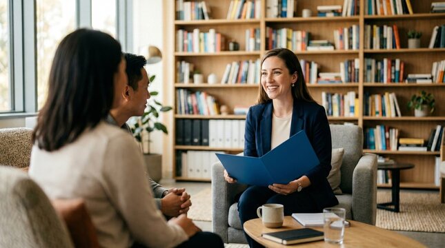 Friendly female professional consultant smiling and discussing documents with a couple in a modern office with bookshelves