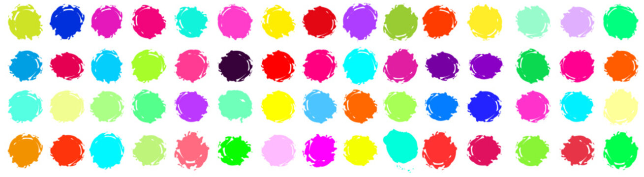 Bright colourful dots. Set of neon color palette RGB global colors. Vector illustration with spots, splash of color and paint splashes for Birthday or Carnival Decoration.