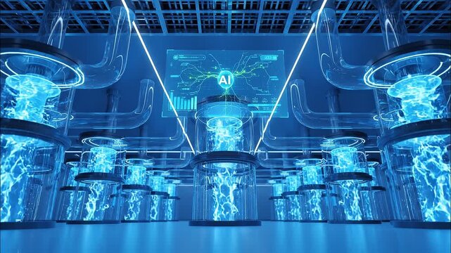 Artificial intelligence (AI) concept in a futuristic tech environment, featuring glowing blue cylindrical tubes processing data and energy. The background shows a digital interface with an AI.