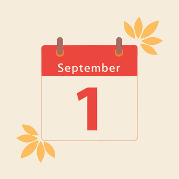 September 1 Calendar Icon with Autumn Leaves for Back to School Season Marketing and Knowledge Day Celebration