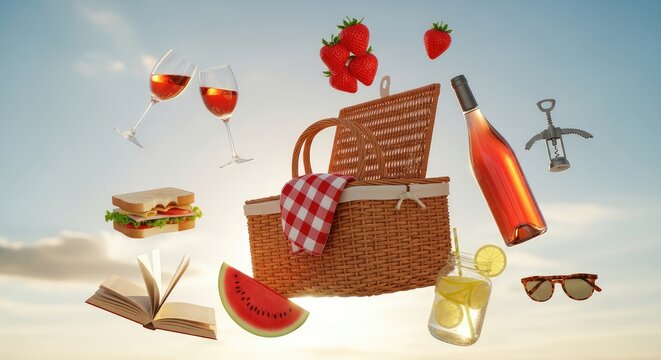 Floating Summer Picnic Essentials: Ros&eacute; Wine, Fresh Fruits, Sandwich, and Book Suspended Against a Sunny Sky for a Relaxing Outdoor Getaway