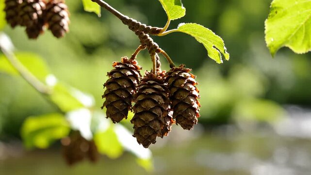 Brown pine cones on a tree branch.