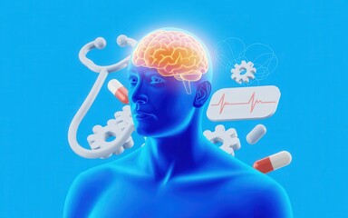Obraz premium Illuminated Blue Human Figure with Glowing Brain and Medical Symbols, Centered Front View in Sky‑Blue Background – Digital Illustration