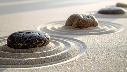 Zen Garden Harmony Stones in Sand for Meditation and Mindfulness Concept.