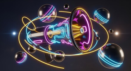 Fototapeta premium Vibrant neon lit megaphone surrounded by glowing orbs in space