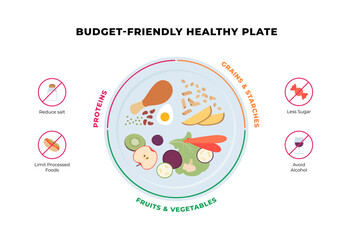 Vector flat infographic of a budget healthy plate with dietary restrictions. Meal planning chart showing food portions and warning icons to reduce salt, sugar, processed food, and alcohol.