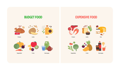 Fototapeta premium Vector flat illustration comparing budget-friendly and expensive food choices. Set includes food group infographic 12 isolated icons with cheap and premium nutritious groceries