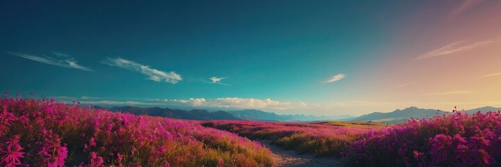 Obraz premium Long summer panoramic landscape, sunset lake, soft sky ? seasonal travel background, area for text in upper part.